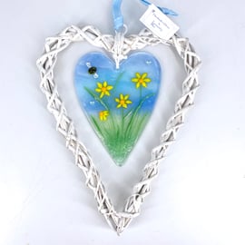 Glass Heart with Pretty Daffodils & a Bee mounted in Wicker Heart