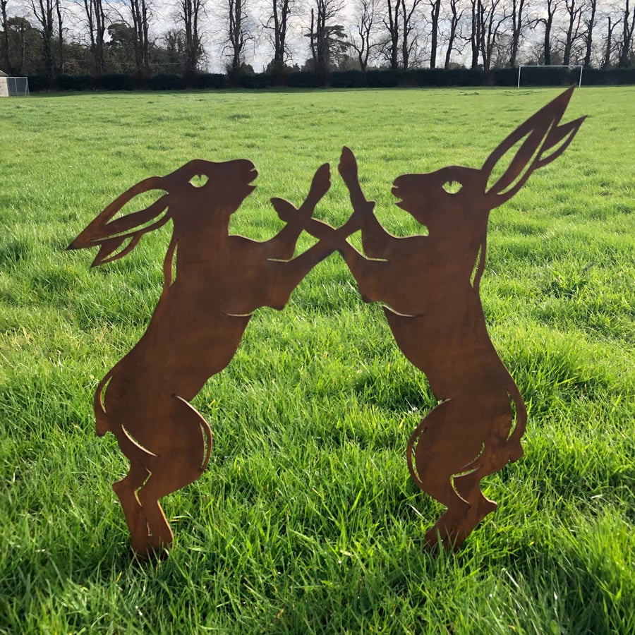 Rusty Metal Garden ornament , BOXING HARES garden Statue, garden feature sign
