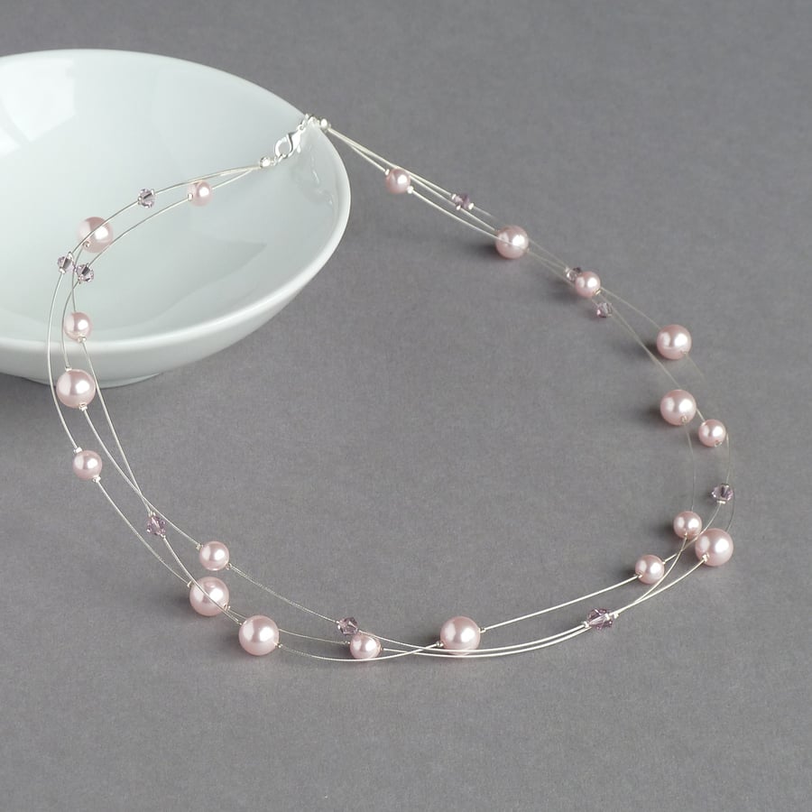 Blush Pink Floating Pearl Necklace - Pale Pink Bridesmaids Jewellery - Gifts