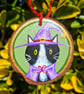 Tuxedo cat witch art, Black and white cat art, Halloween decoration, Cat gift - Image 3