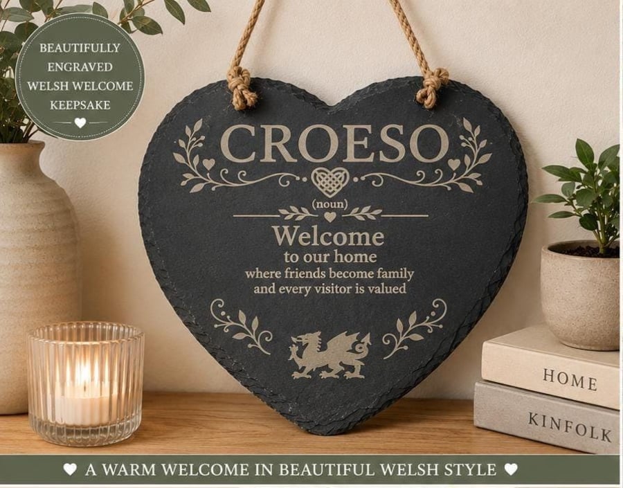 Welsh Croeso Slate Heart Plaque Welsh Welcome Sign Engraved Slate Hanging Decora