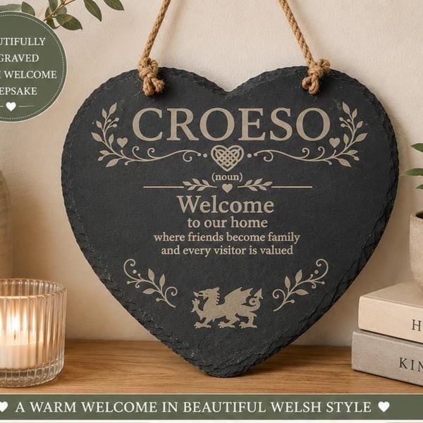 Welsh Croeso Slate Heart Plaque Welsh Welcome Sign Engraved Slate Hanging Decora