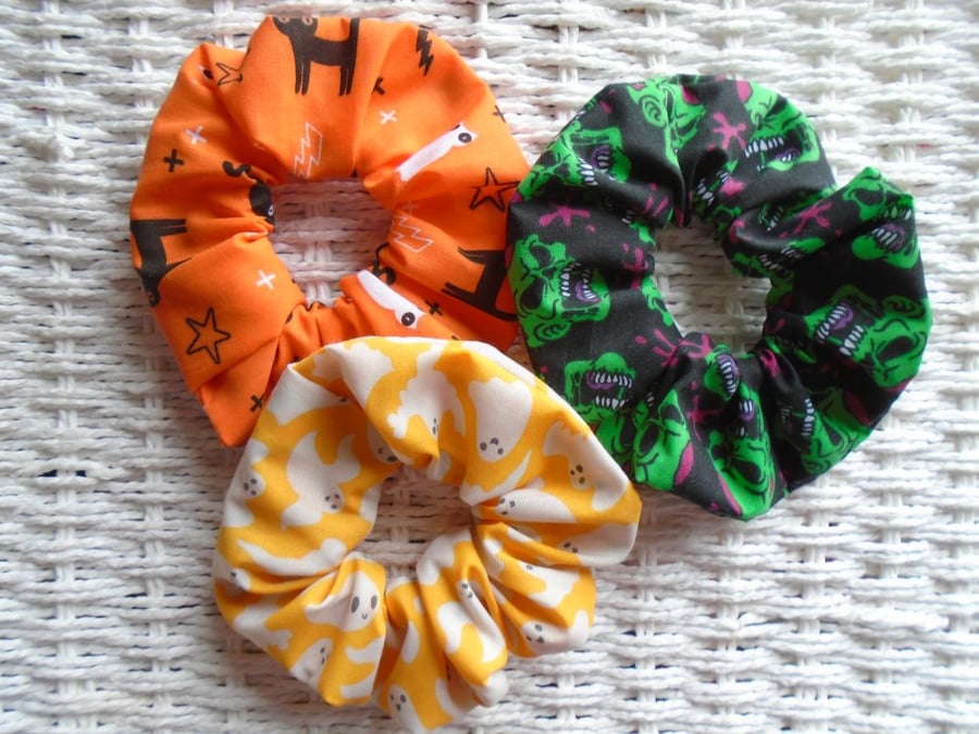 Pack Of 3 Gothic Halloween Hair Scrunchies Cats Ghosts Skulls