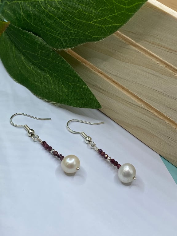 Sterling silver drop earrings with pearls and tiny garnets