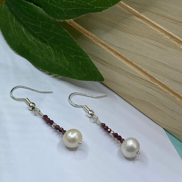 Sterling silver drop earrings with pearls and tiny garnets