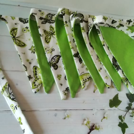Green butterfly cotton bunting, Full size reusable with 10 flags double sided