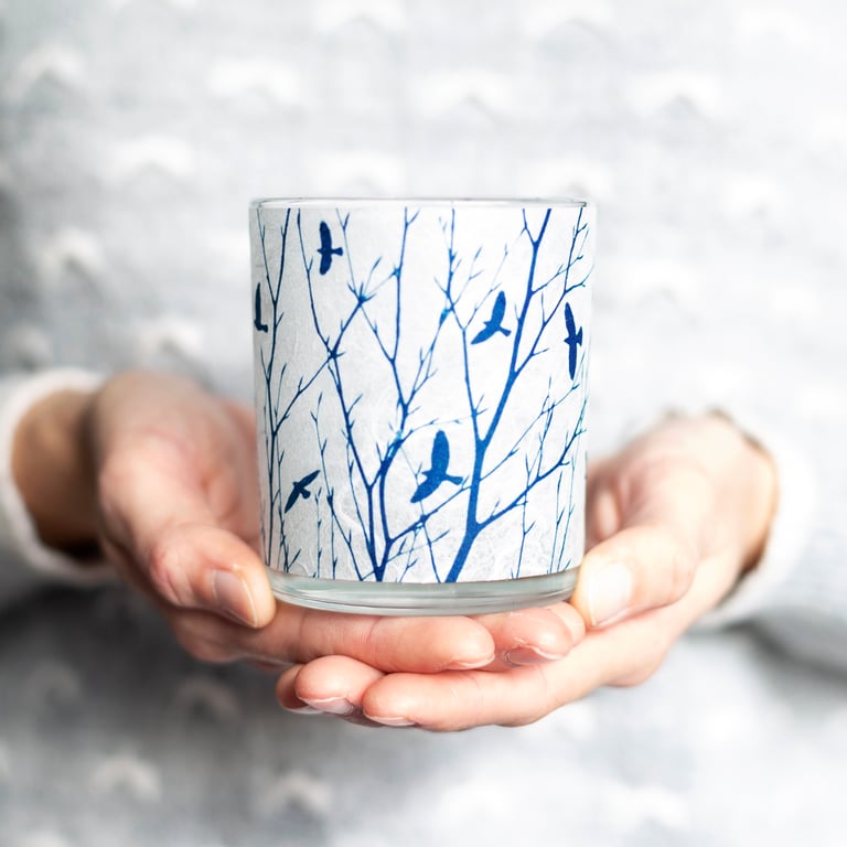 A flock of birds & delicate branches cyanotype candle holder white & blue