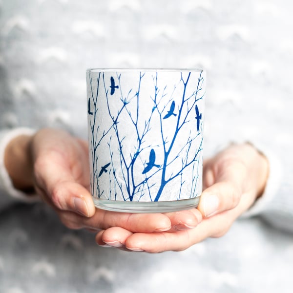 A flock of birds & delicate branches cyanotype candle holder white & blue