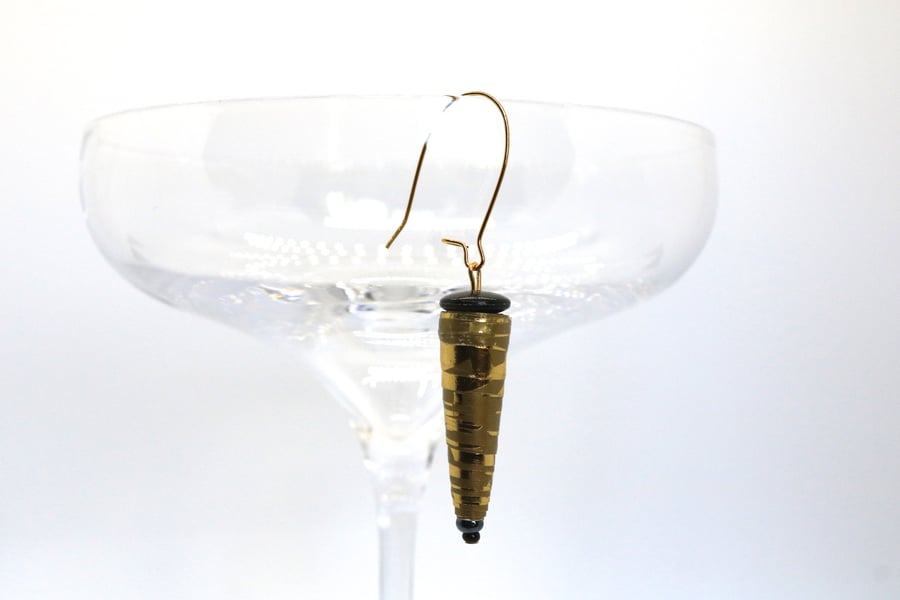 Long thin golden paper beaded earrings with flat black disc