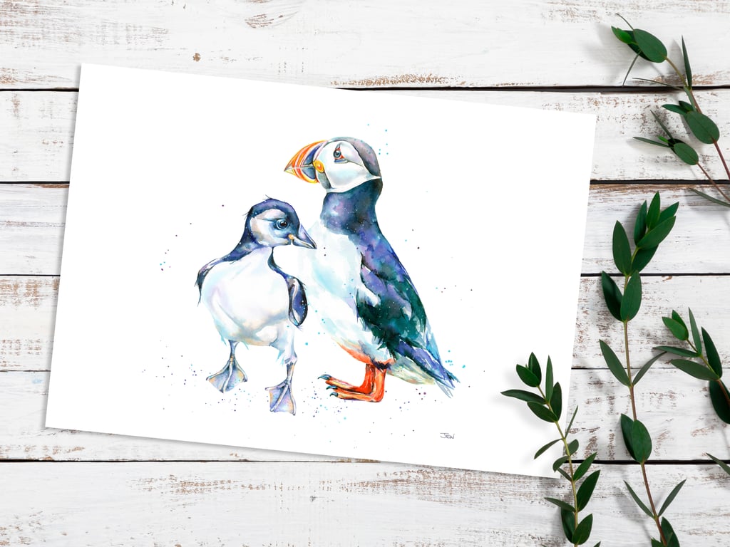 Puffin and chick giclée print, high quality art print