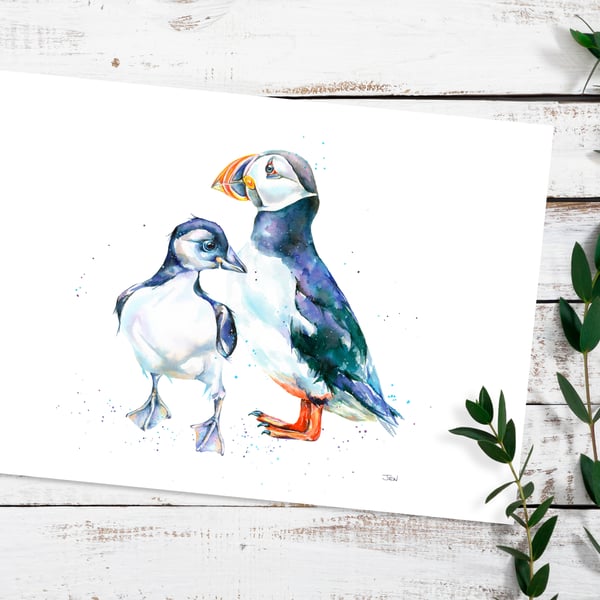Puffin and chick giclée print, high quality art print