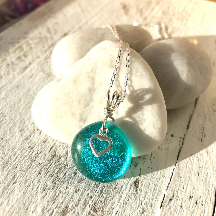 Pretty Sterling Silver & Turquiose Glass Necklace with Silver Heart Charm