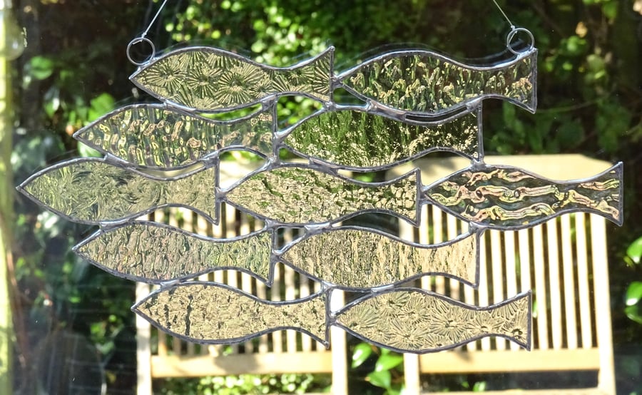 Stained Glass Shoal of 11 Fish Suncatcher Clear Folksy