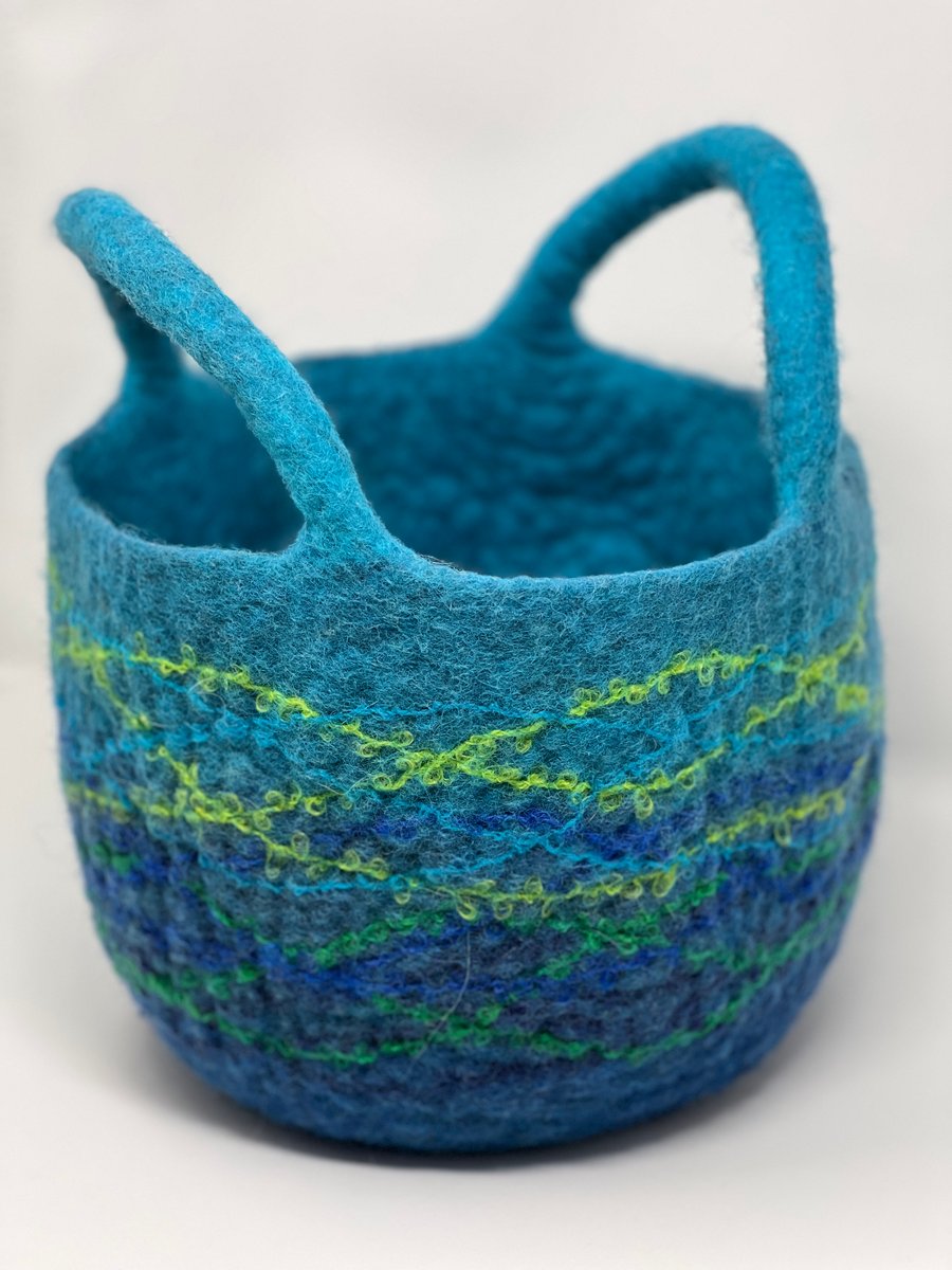 Large Blue Felt Basket with Cord Grab Handles