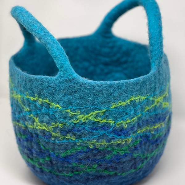 Large Blue Felt Basket with Cord Grab Handles