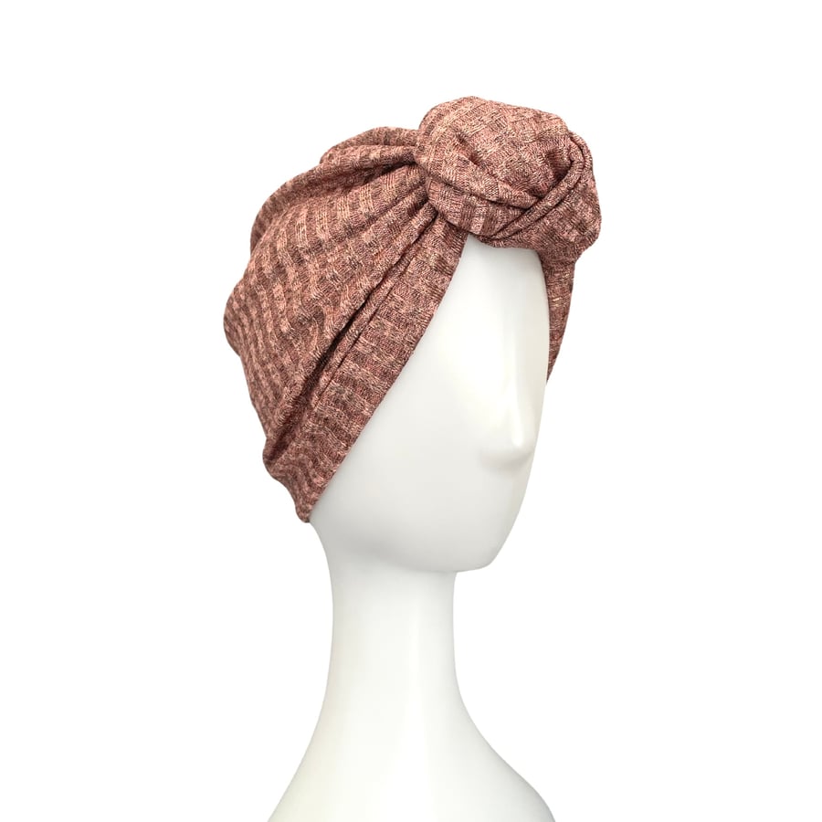 Metallic Rose Gold Knit Fabric Turban Hat, Sparkly Festive Headpiece