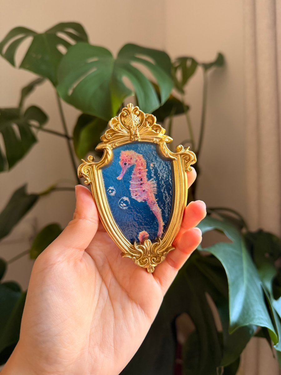 Seahorse acrylic painting in gold frame