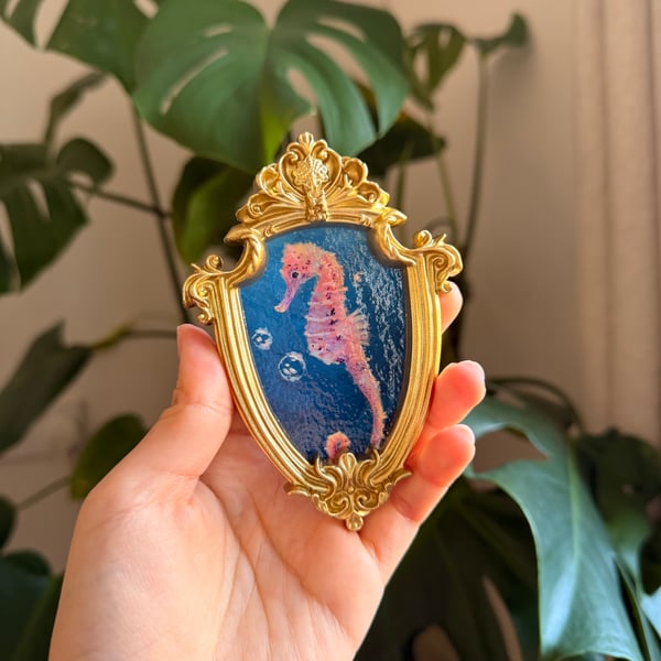 Seahorse acrylic painting in gold frame
