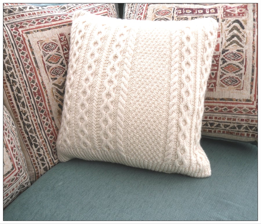 Recycled Aran Wool Cushion Cover with intricate cables