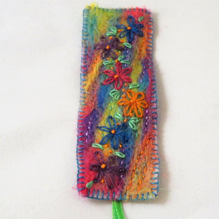 Rainbow Bookmark with daisies - embroidered and felted 