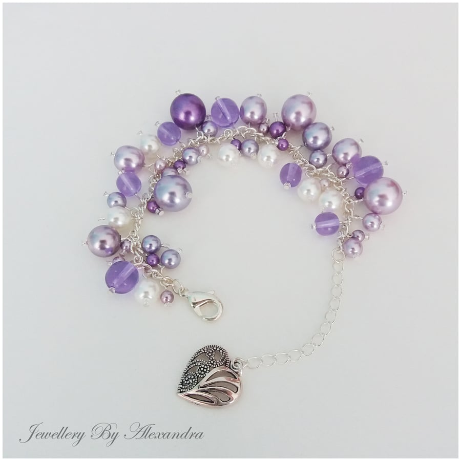 Cluster Bracelet-Lilac, Purple and White with Heart Charm