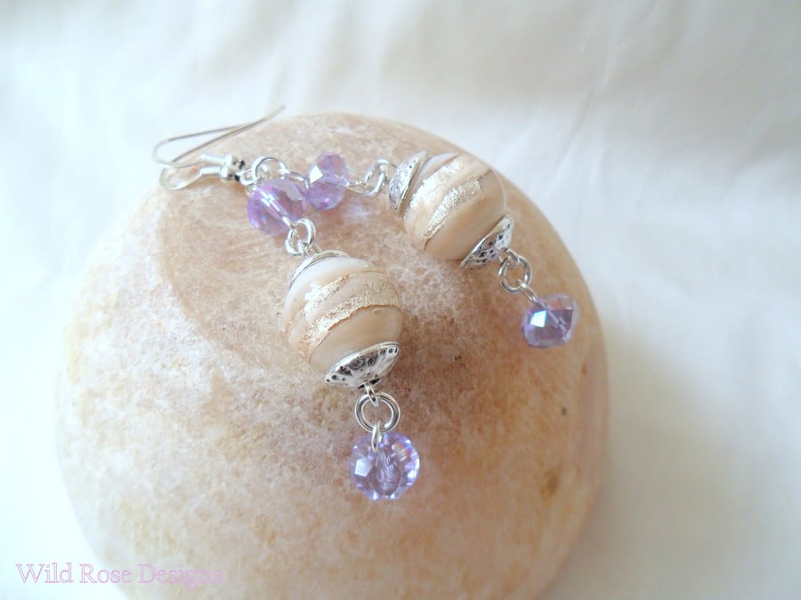  Cream , silver and lilac drop earrings