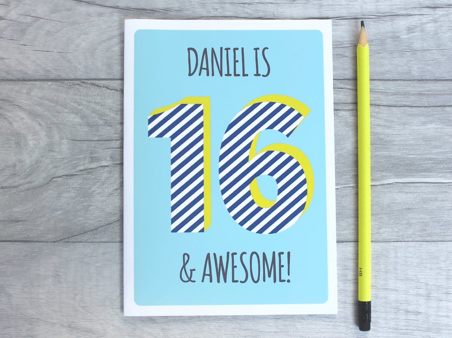 Personalised boys, teen birthday card, Graphic teenage age card