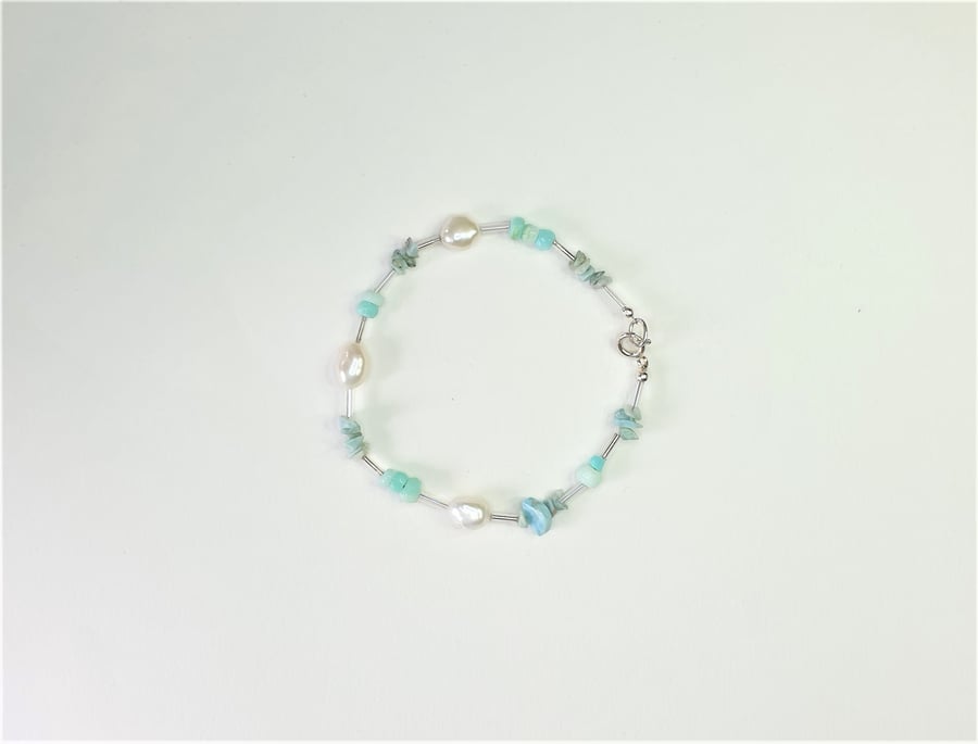 Peruvian Blue Opal, Larimar and Pearl bracelet, with Sterling Silver