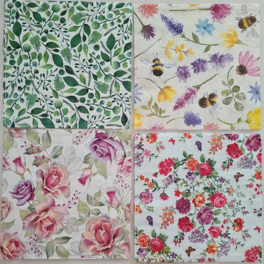 4 Paper napkins for decoupage floral foliage and bee designs 