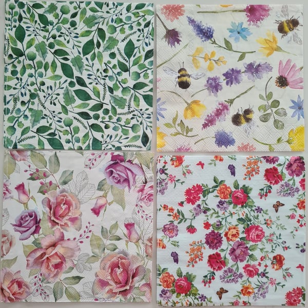 4 Paper napkins for decoupage floral foliage and bee designs 