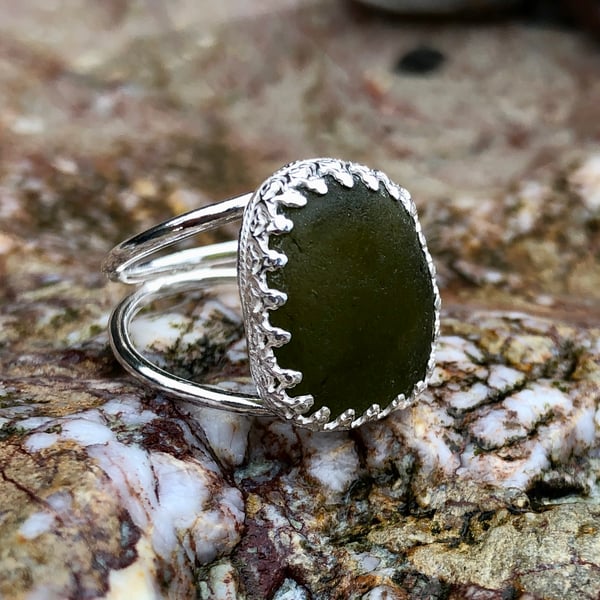 Olive Green Statement Sea Glass and Sterling Silver Ring- Size M  - 1076