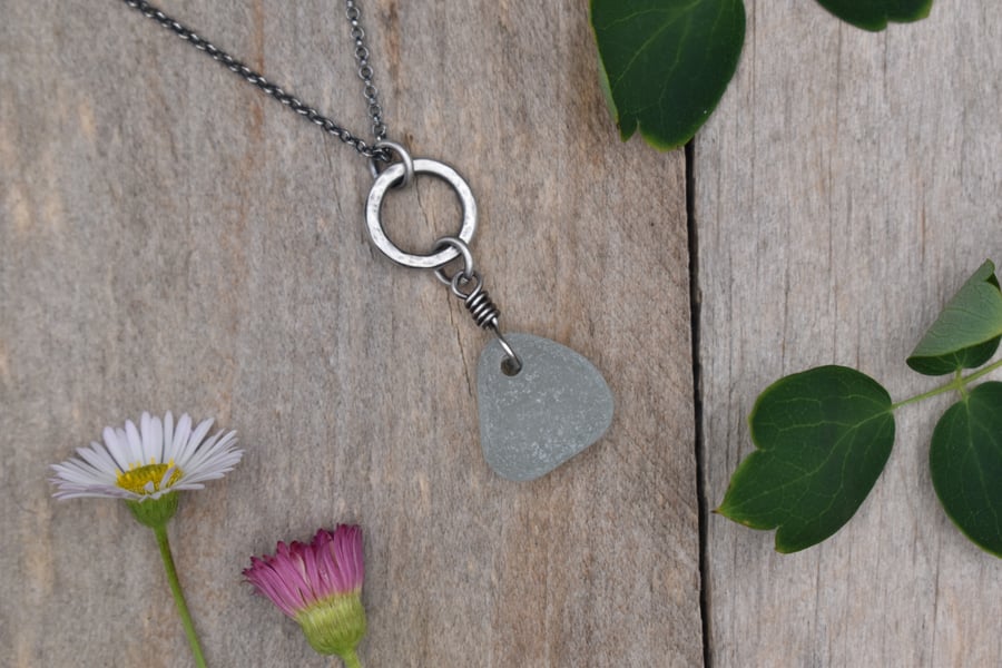Sea Glass and Recycled Sterling Silver Necklace, White Scottish Sea Glass
