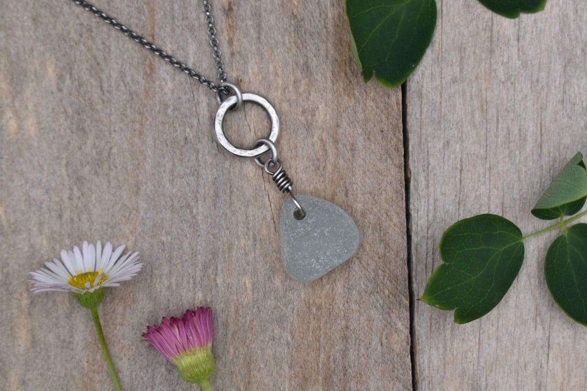 Sea Glass and Recycled Sterling Silver Necklace, White Scottish Sea Glass