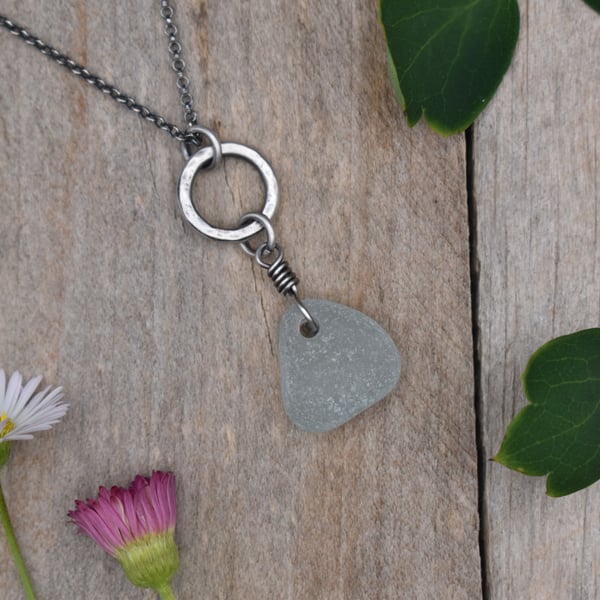 Sea Glass and Recycled Sterling Silver Necklace, White Scottish Sea Glass