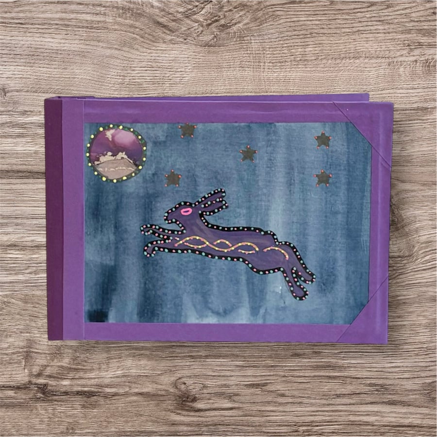 Handmade notebook A6 with mixed media cover design - Hare & Moon 