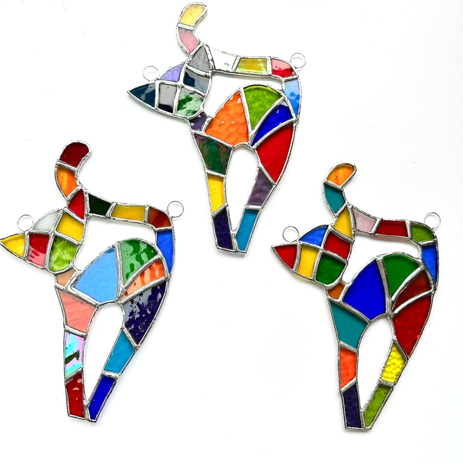 Stained Glass Patchwork Cat Suncatcher - Handmade Decoration - Multi