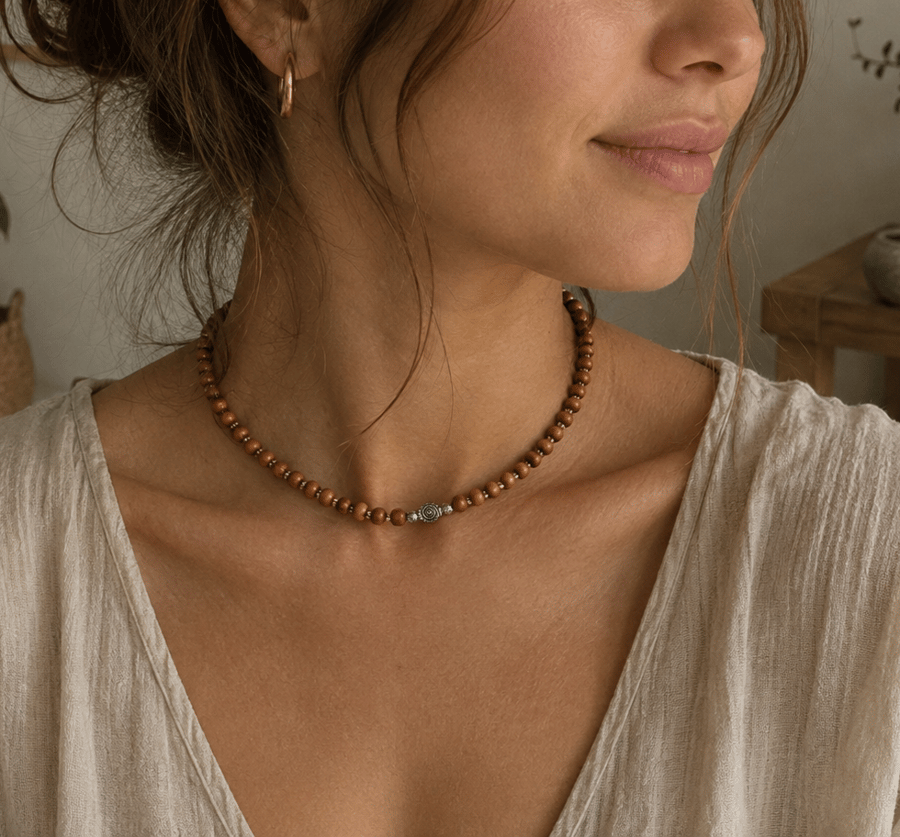 Natural Wood Beaded Choker Necklace Adjustable Boho Jewellery. Minimalist.
