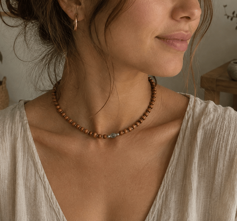 Natural Wood Beaded Choker Necklace Adjustable Boho Jewellery. Minimalist.