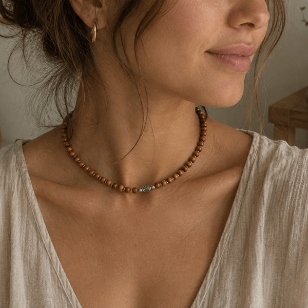 Natural Wood Beaded Choker Necklace Adjustable Boho Jewellery. Minimalist.