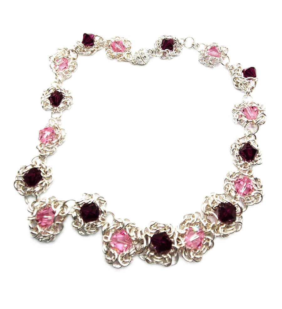 Silver plated chainmaille necklace with Swarovski crystals