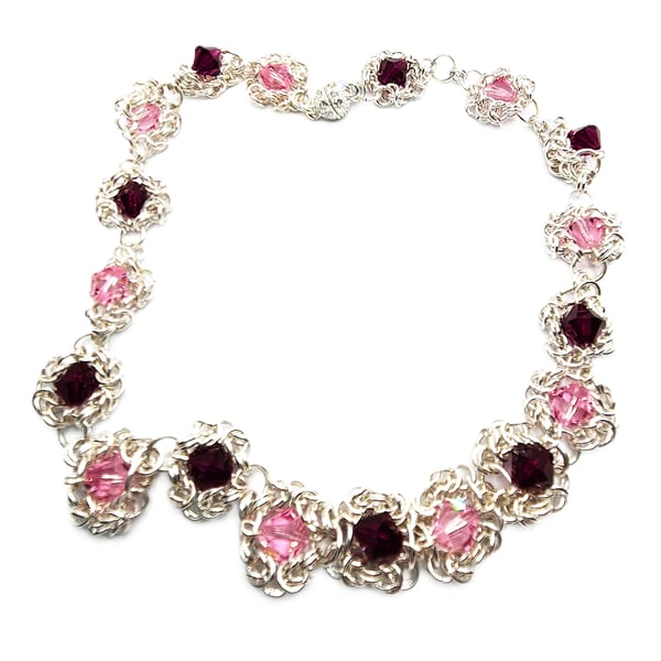 Silver plated chainmaille necklace with Swarovski crystals