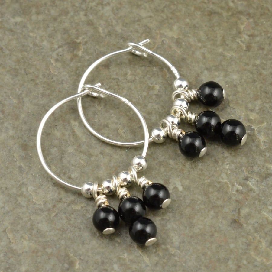 Boho 4mm Tiny Black Onyx Gemstones & 15mm Sterling Silver Hoop Earrings