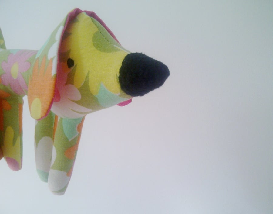 Retro Dog Toy, Pocket Puppy Plush in Vintage 1970's Green Pop Flower Fabric