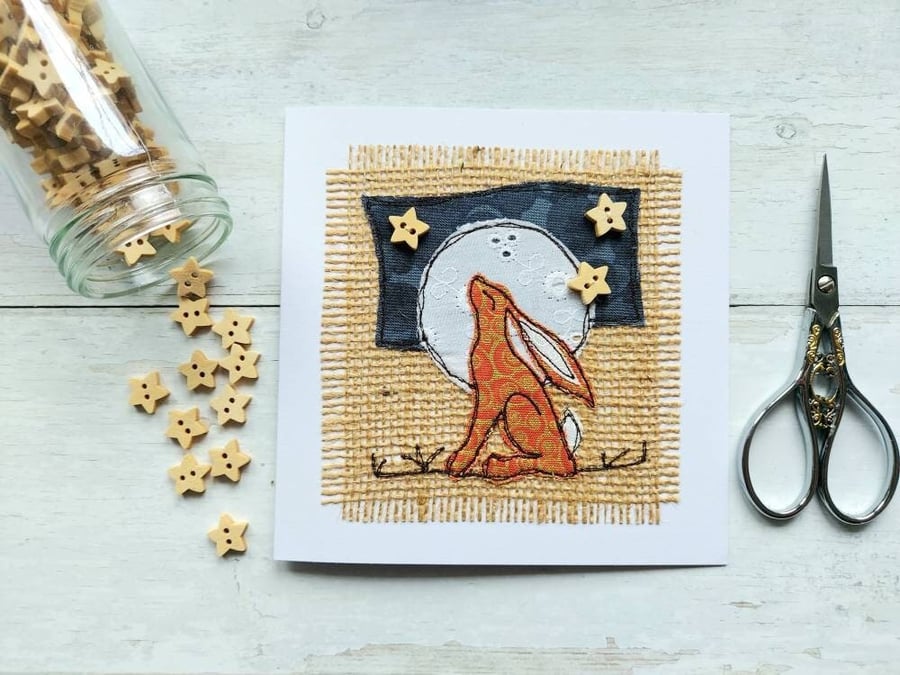 Handmade Moongazing Hare Card with Freemotion Sewn Applique