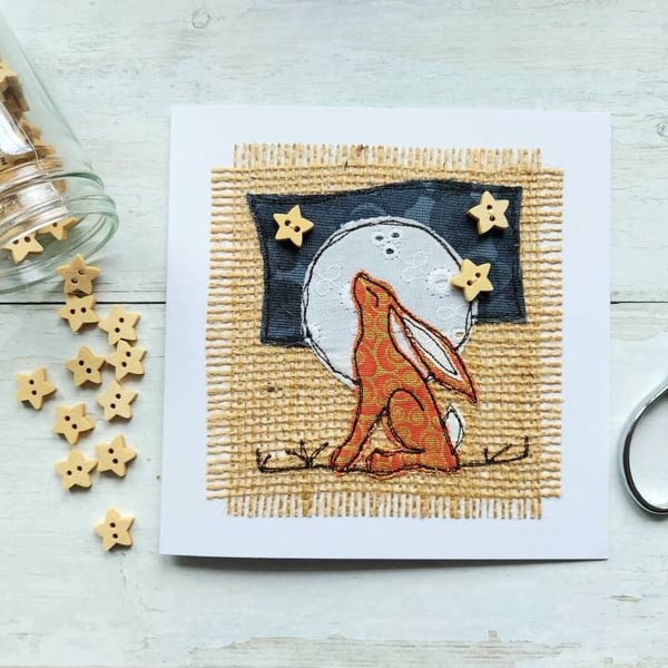 Handmade Moongazing Hare Card with Freemotion Sewn Applique