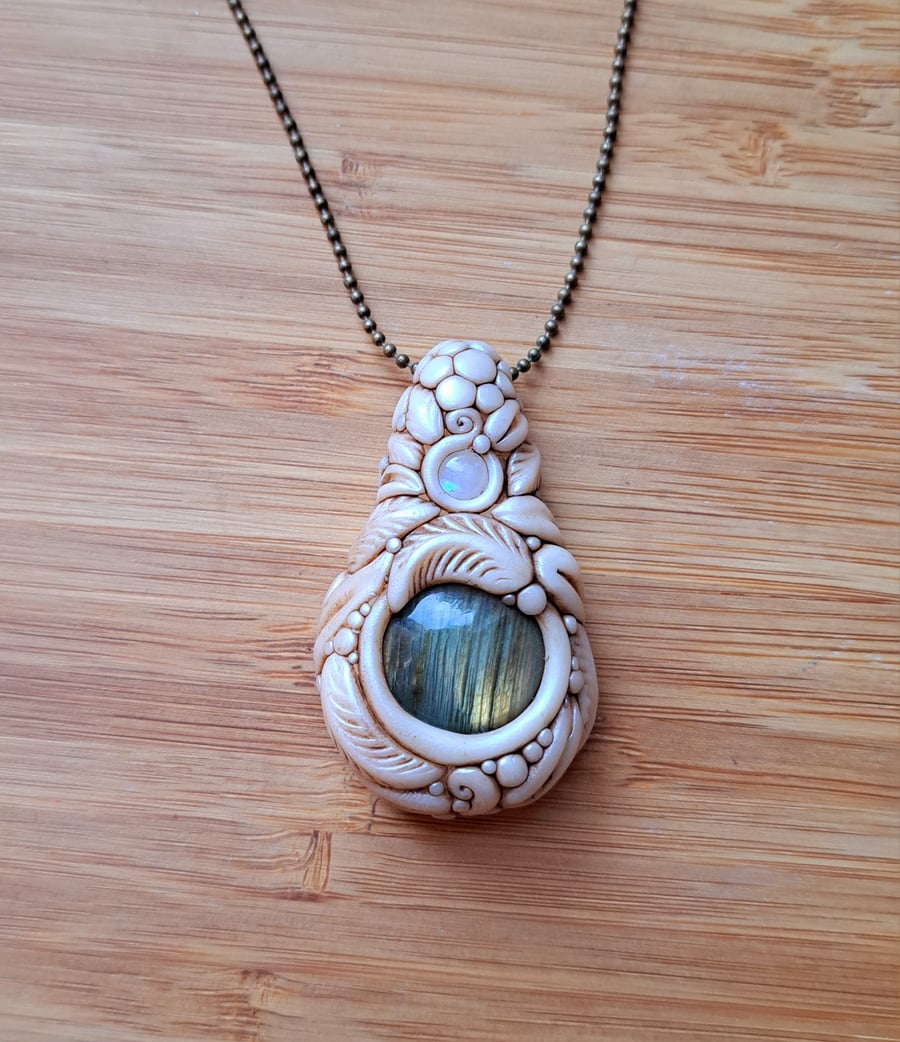 Labradorite with Rainbow Moonstone and Polymer Clay Amulet Pendant 