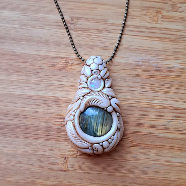 Labradorite with Rainbow Moonstone and Polymer Clay Amulet Pendant 