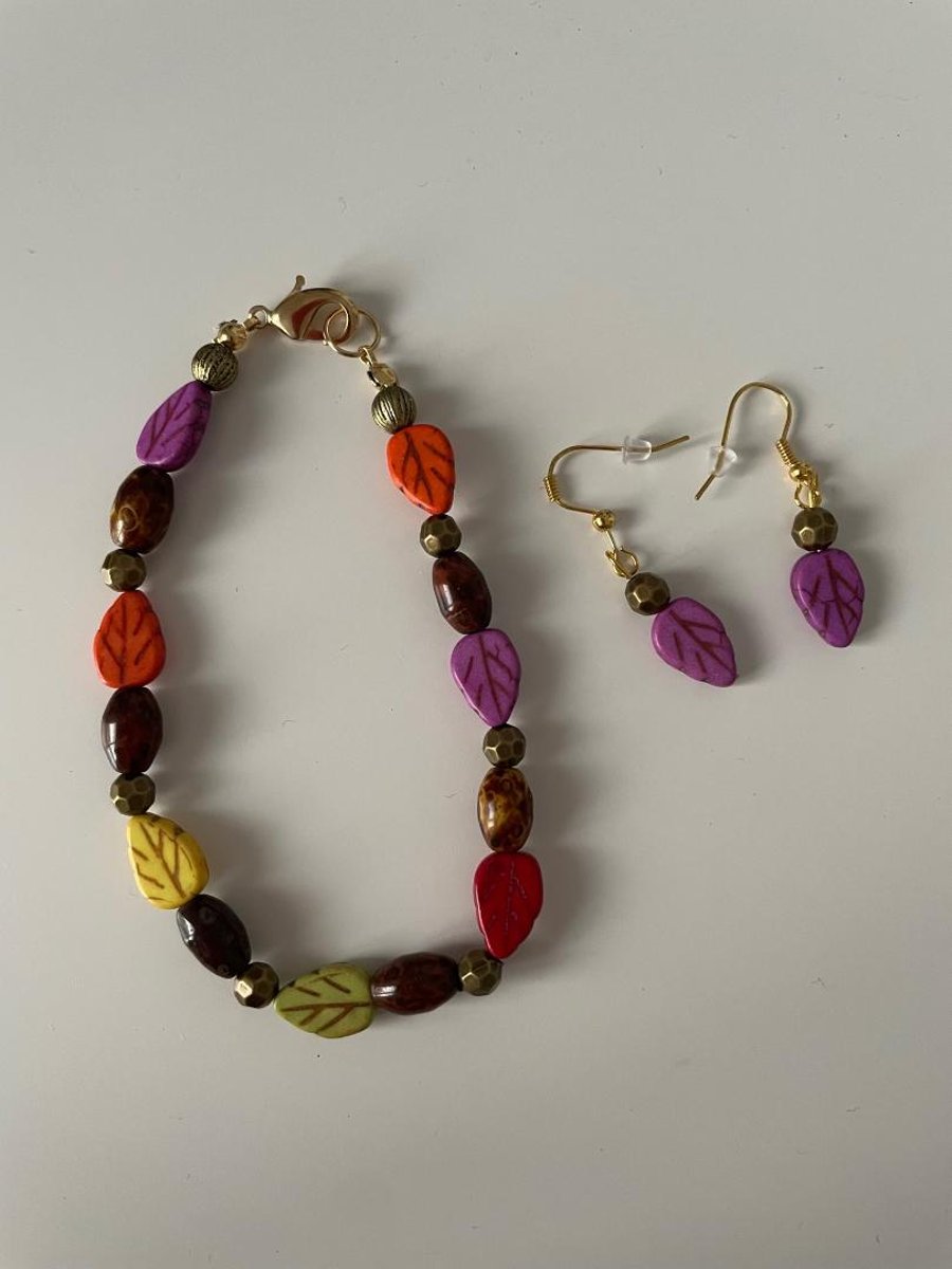 Multicoloured Leaf Bracelet and Earring set
