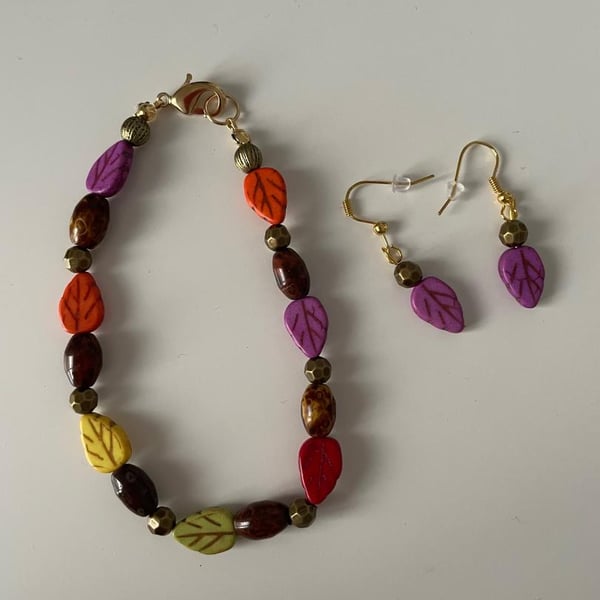 Multicoloured Leaf Bracelet and Earring set