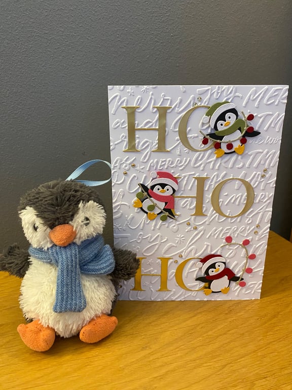 Handmade Penguin Christmas Card – Cute Trio of Penguins with Christmas Lights
